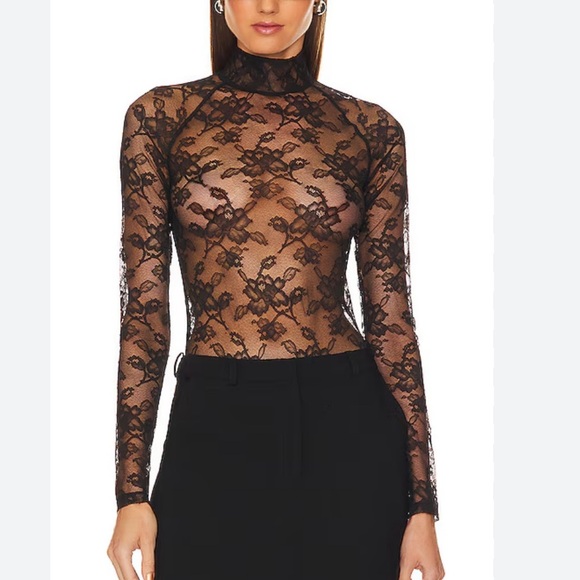 Fleur du Mal Tops - Fleur Du Mal black lace high neck blouse pleated front and cuffed sleeve